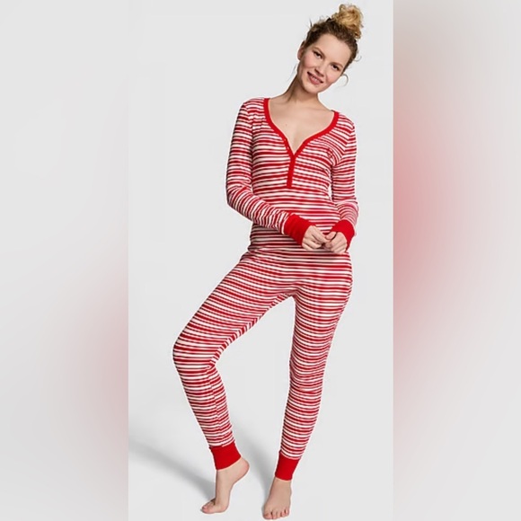 Victoria's Secret Other - New PINK Victoria’s Secret Candy Cane Stripes Thermal Long Sleeve Onesie Large
